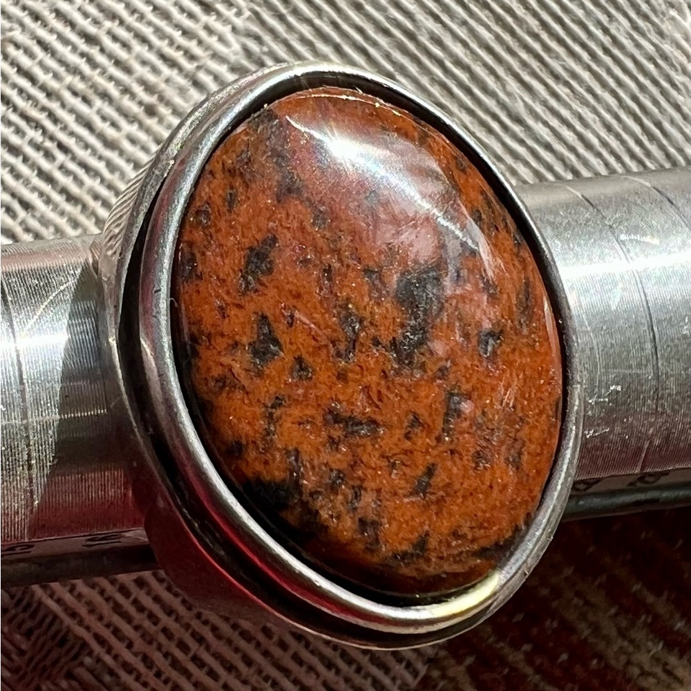 Heavy Sterling Silver Brown Black speckled Stone Men's Ring size 8.5